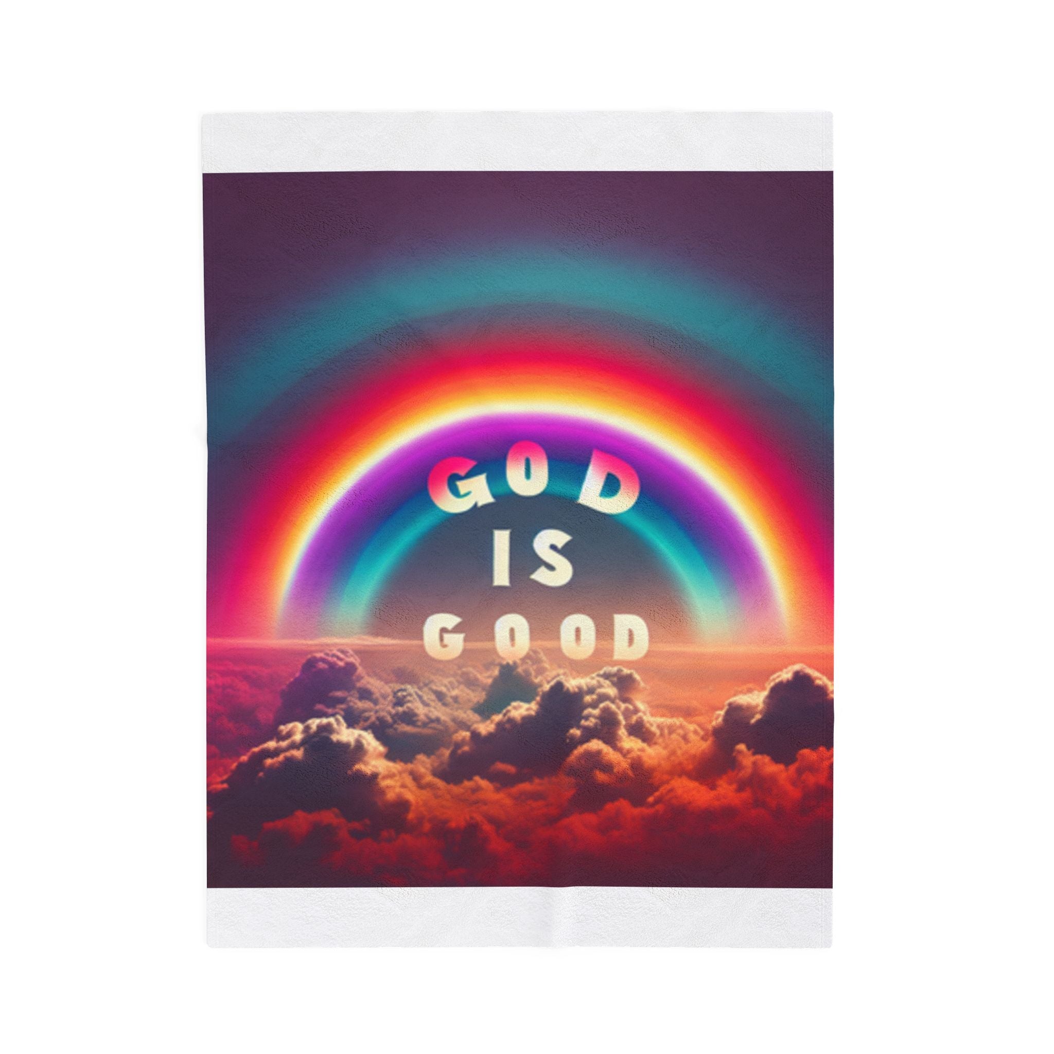 God is Good Rainbow Plush Blanket featuring a colorful rainbow design over clouds.