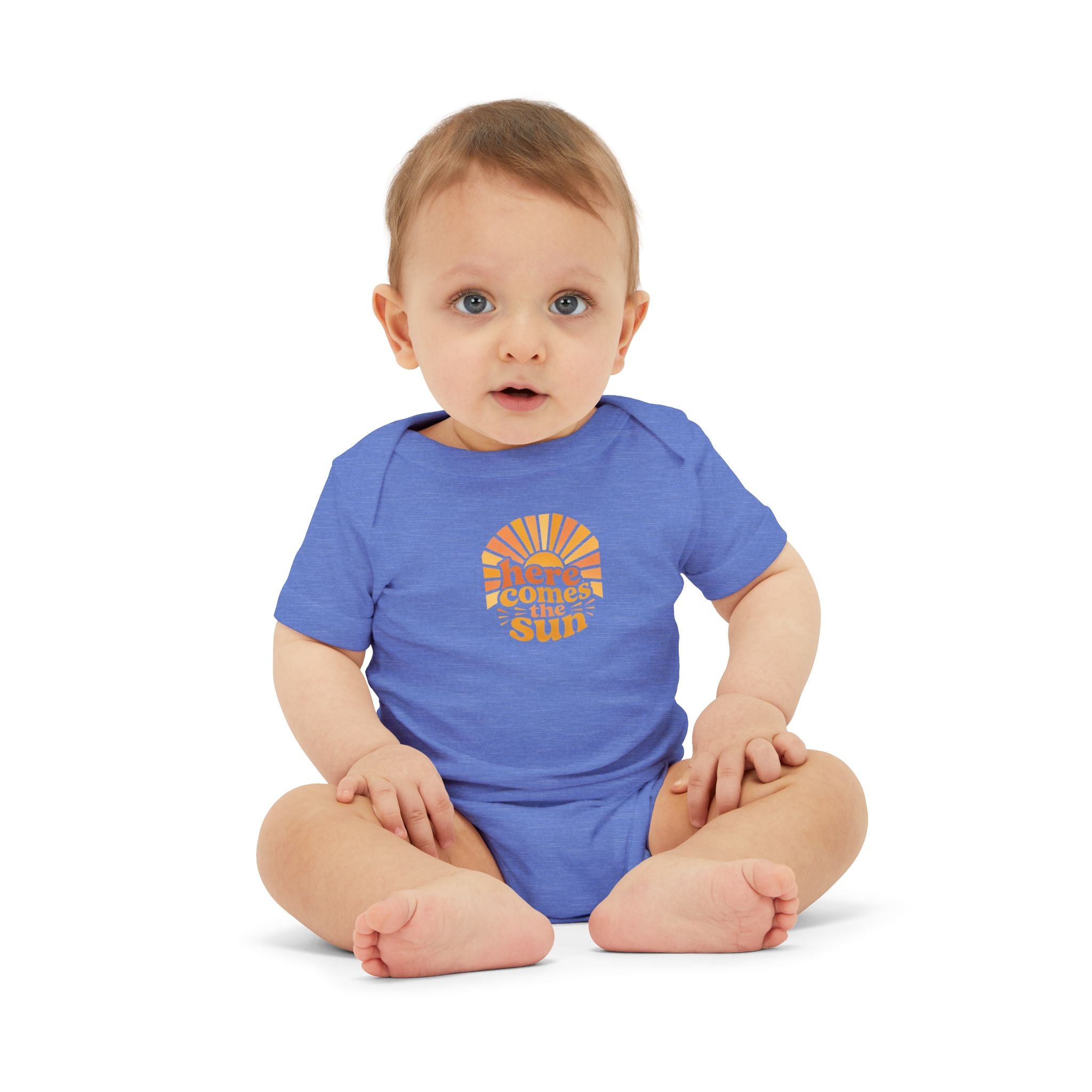 Cute Baby Bodysuit in blue with 'Here Comes The Sun' design worn by an adorable baby.