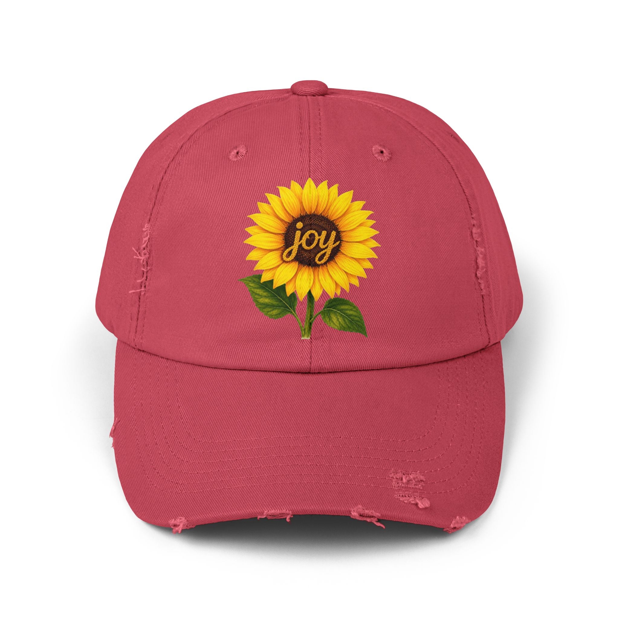 Sunflower Joy Distressed Cap with a hand-painted sunflower design in vibrant colors.
