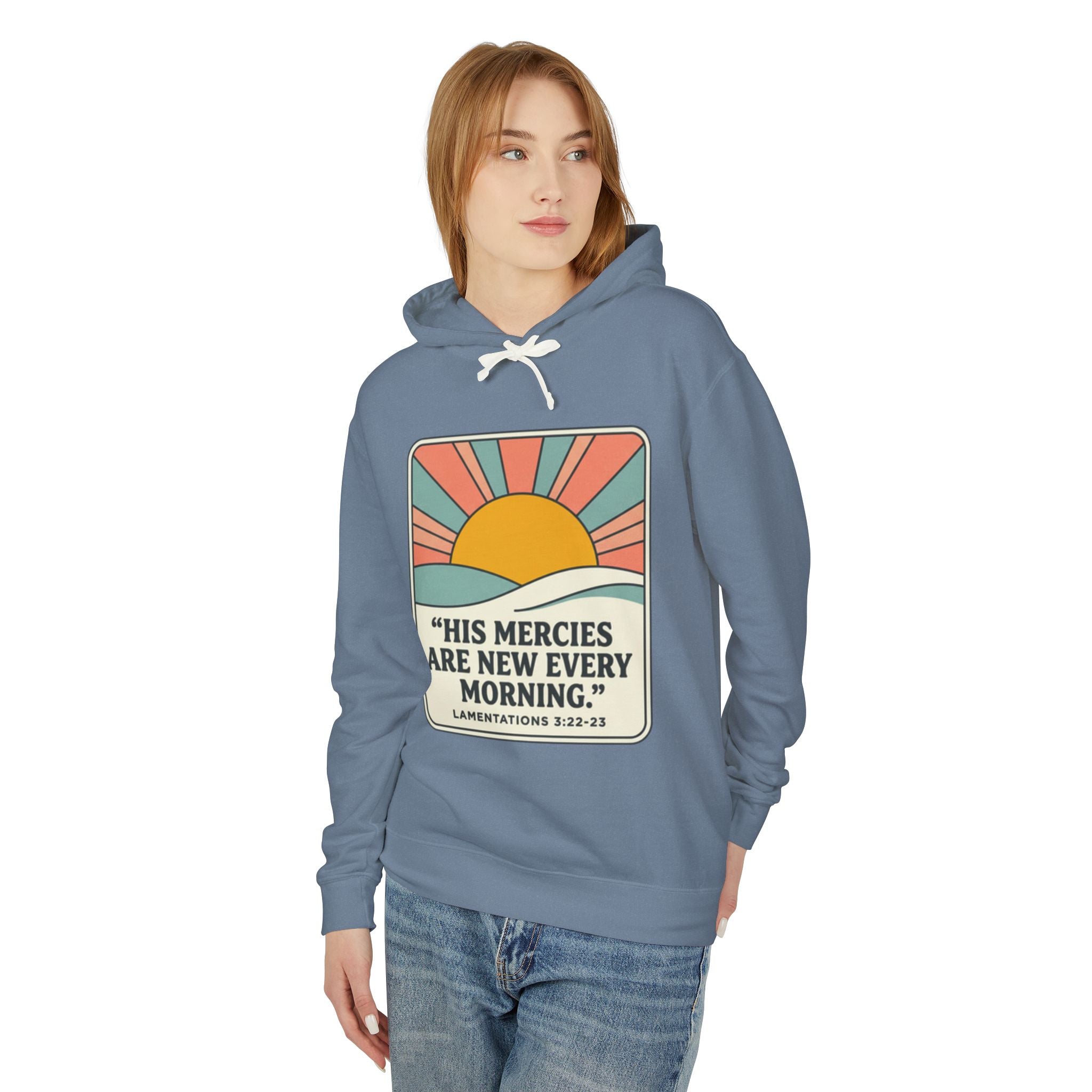 Christian Hooded Sweatshirt featuring sunrise design and scripture quote for daily inspiration.