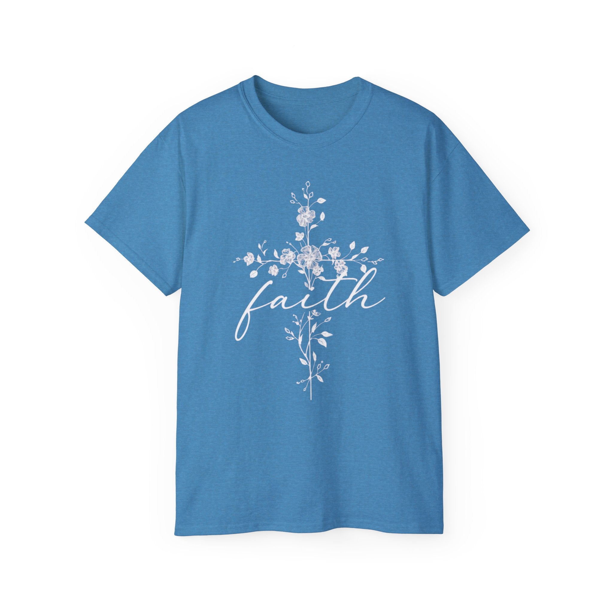 Faith Floral Cross T-Shirt for Women in blue with floral cross design and the word faith.