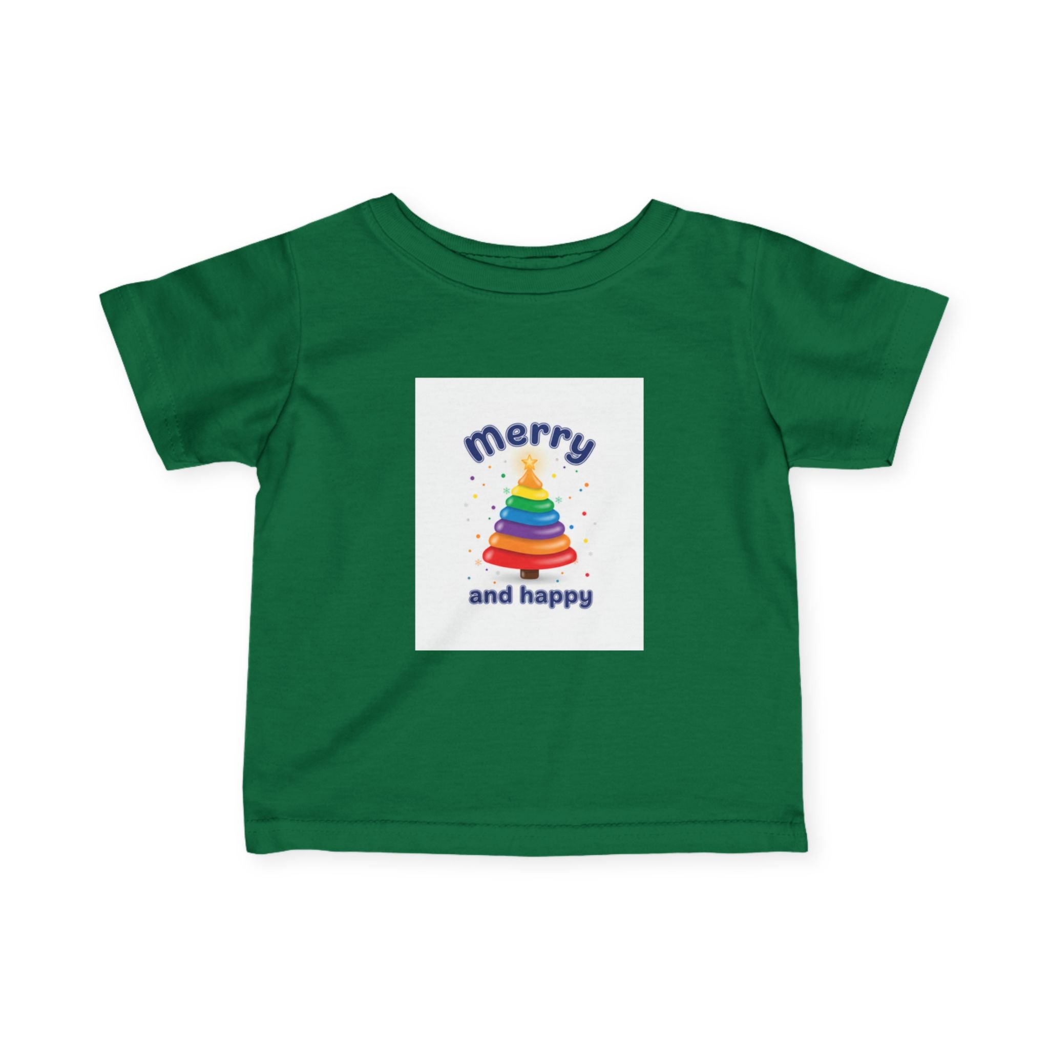 Infant Tee — "Merry and Happy" Rainbow Tree Holiday Baby Shirt dark green