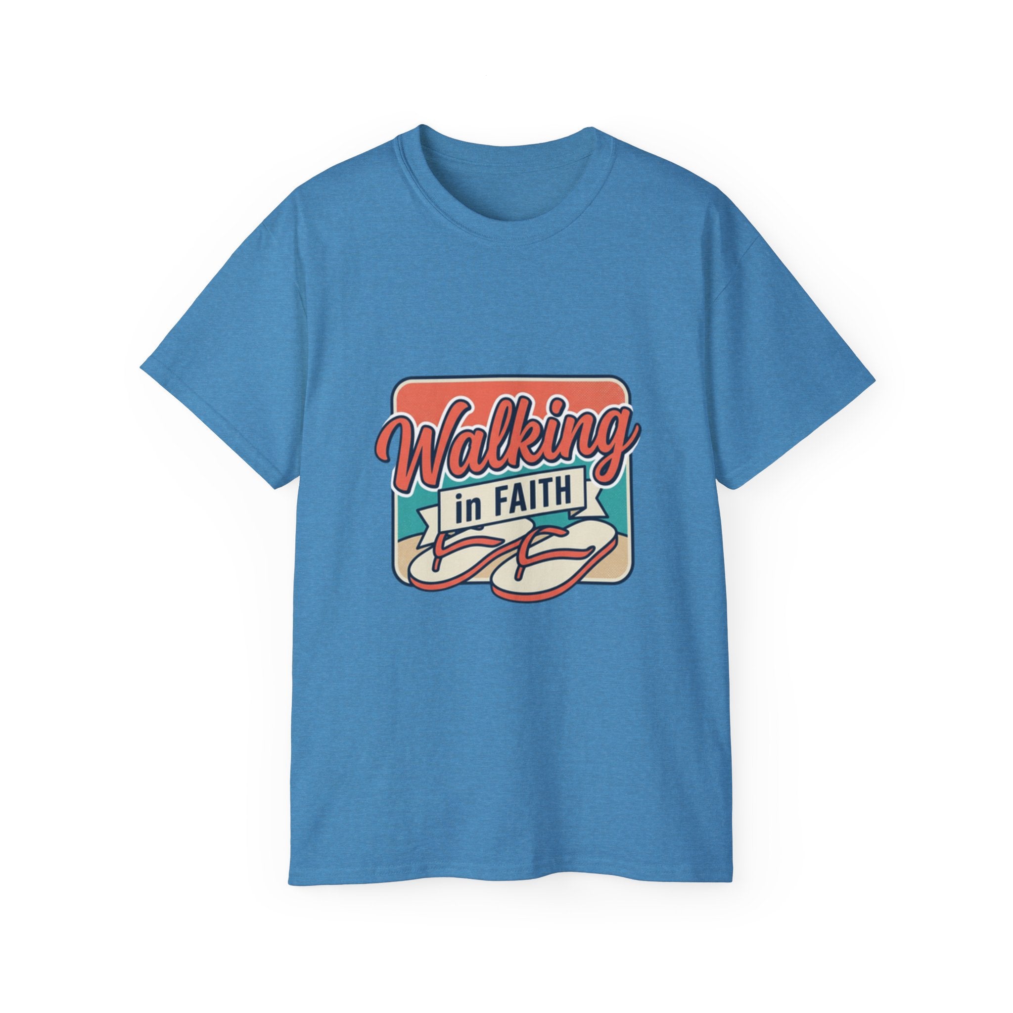 Walking in Faith Beach T-Shirt featuring a vibrant coastal design and inspirational text.