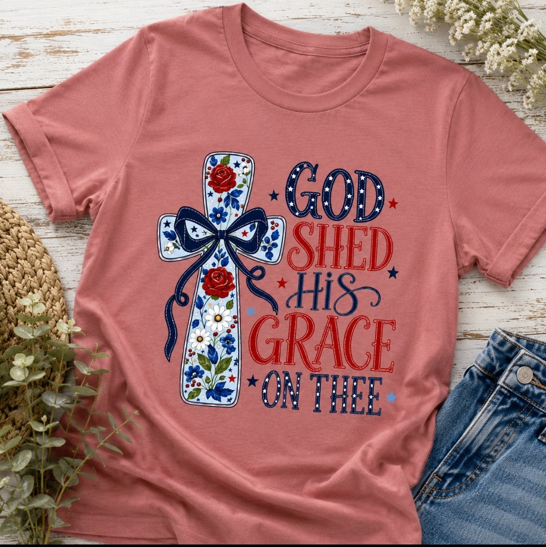 God Shed His Grace On Thee T-Shirt — Patriotic Christian Cross Tee