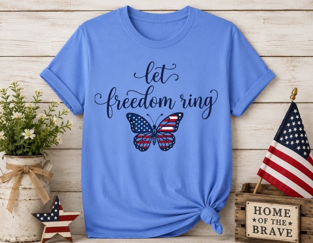 Let Freedom Ring Butterfly T-Shirt — Patriotic American Flag Tee for 4th of July - faithcovenant