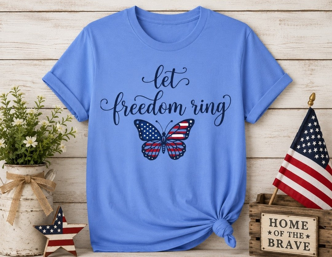 Let Freedom Ring Butterfly T-Shirt — Patriotic American Flag Tee for 4th of July