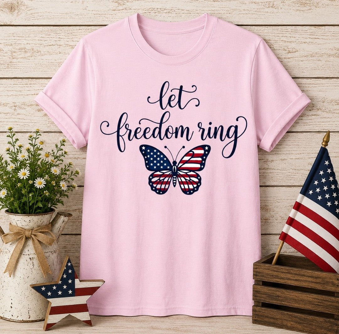 Let Freedom Ring Butterfly T-Shirt — Patriotic American Flag Tee for 4th of July