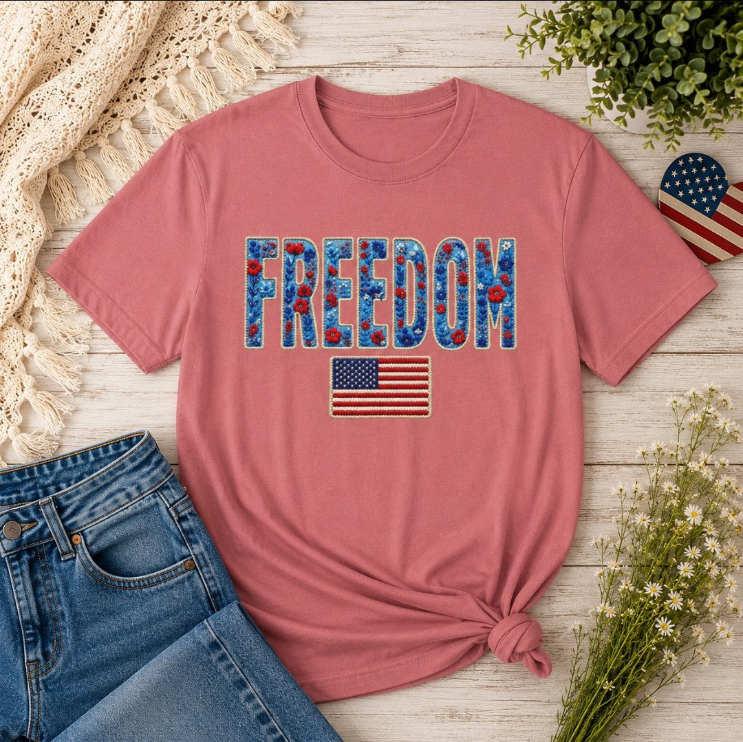 Freedom Floral Tee — Patriotic "FREEDOM" Graphic T-Shirt (4th of July)