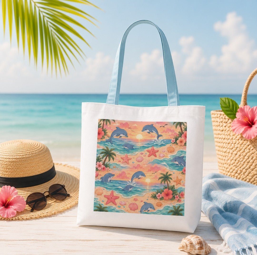 Tote Bag — Retro Tropical Dolphin Beach Print - faithcovenant