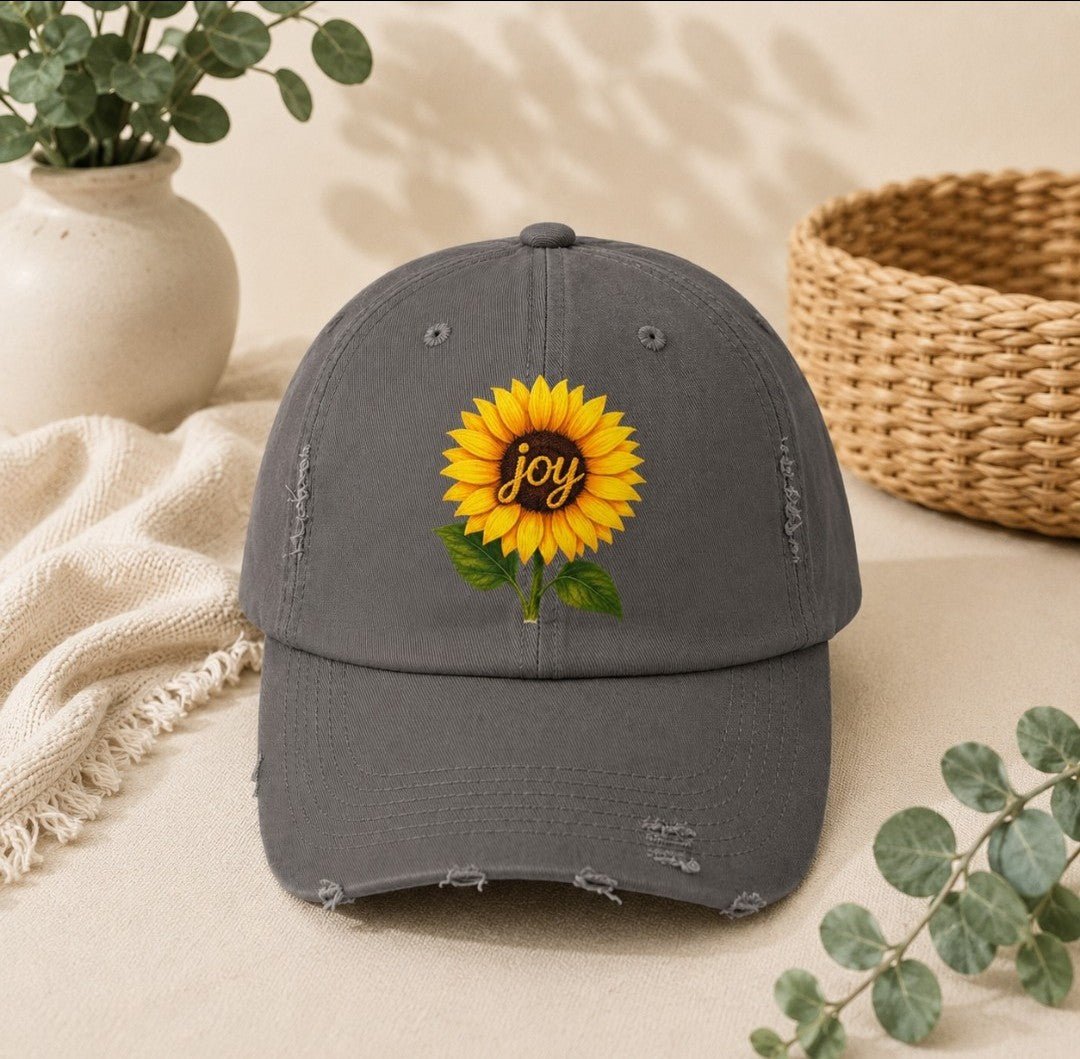 Sunflower "Joy" Distressed Cap - faithcovenant