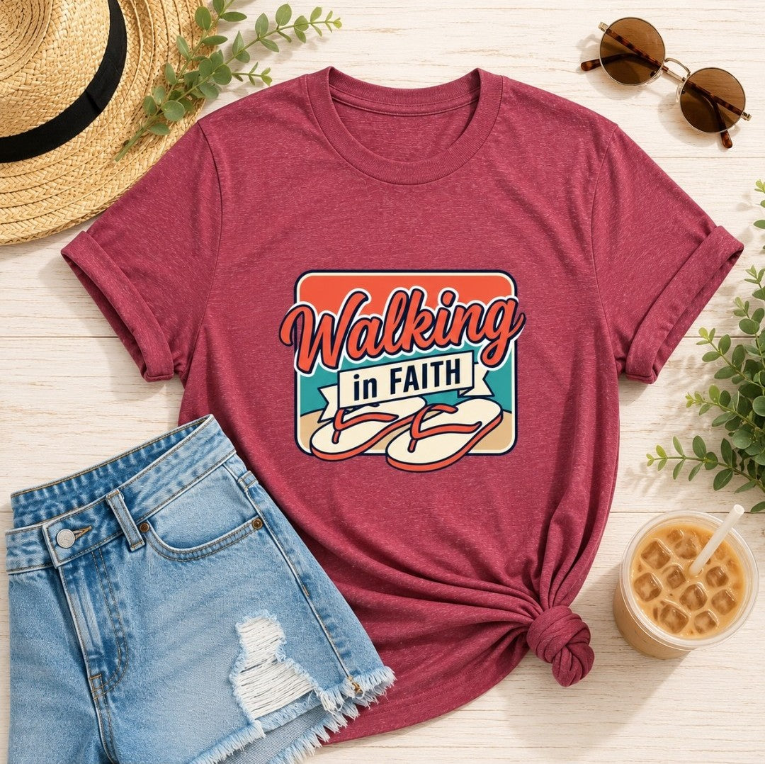 Walking in Faith Beach T-Shirt — Christian Faith Coastal Tee