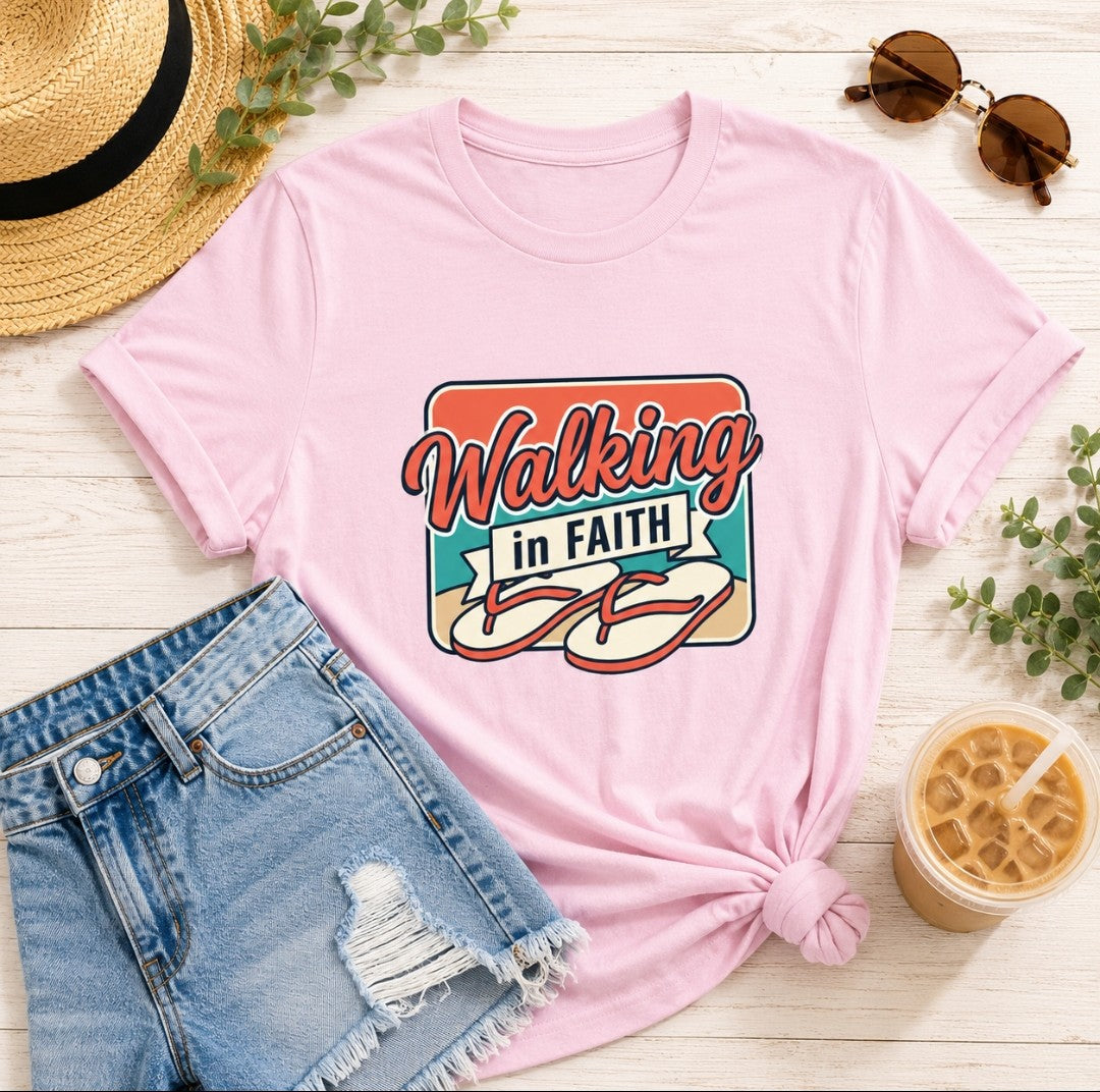 Walking in Faith Beach T-Shirt — Christian Faith Coastal Tee