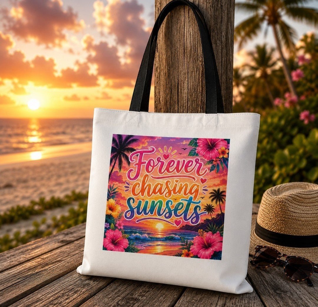Forever Chasing Sunsets Canvas Tote — Beach Sunset Tote Bag with Colorful Straps - faithcovenant