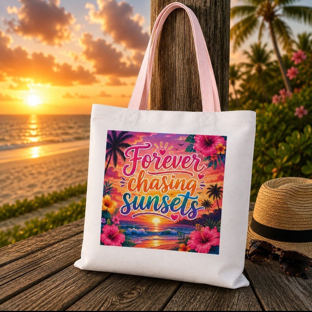 Forever Chasing Sunsets Canvas Tote — Beach Sunset Tote Bag with Colorful Straps - faithcovenant
