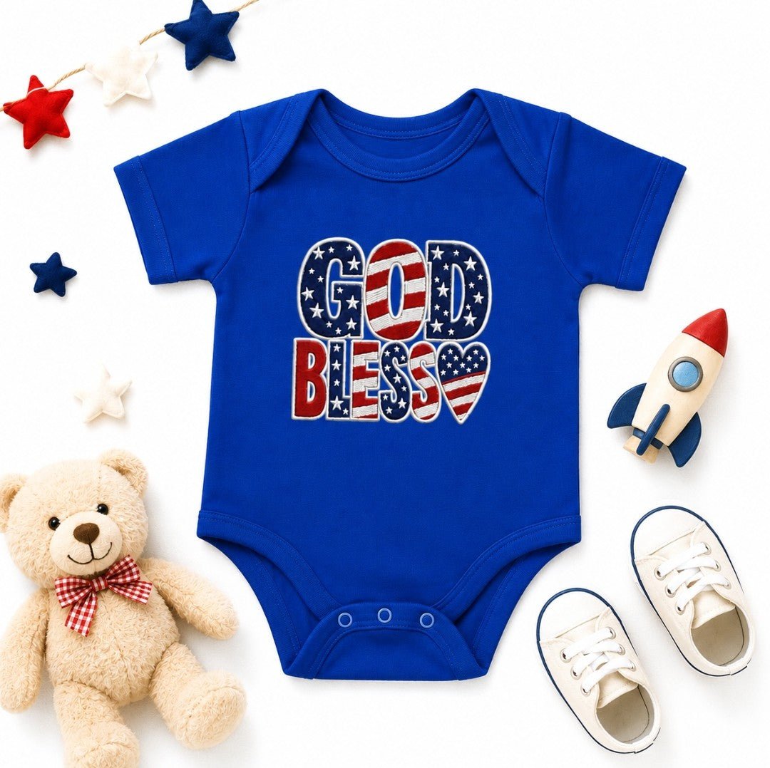 God Bless Patriotic Infant Bodysuit — Embroidered American Onesie - faithcovenant