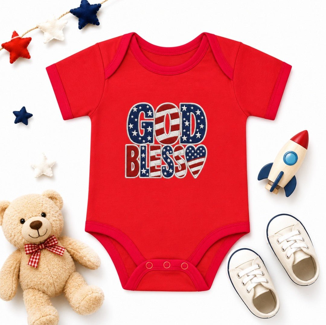 God Bless Patriotic Infant Bodysuit — Embroidered American Onesie - faithcovenant
