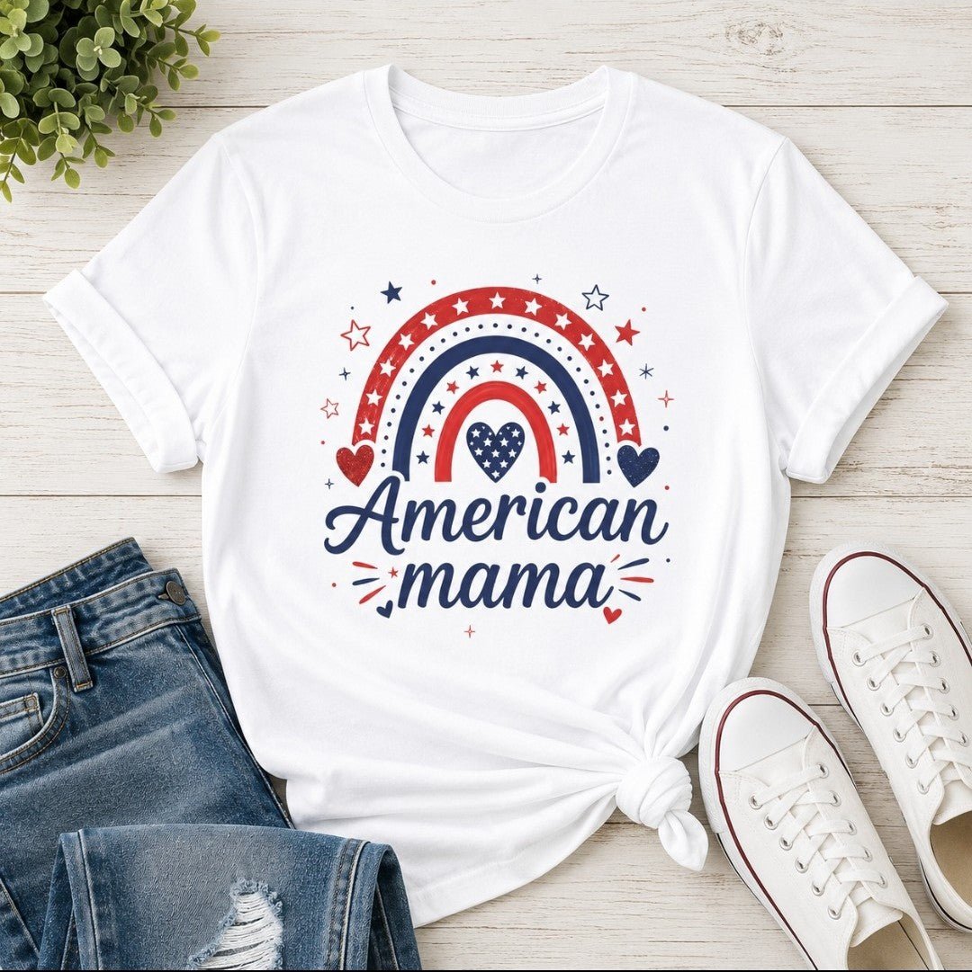 Patriotic Rainbow T-Shirt — "American Mama" 4th of July Mom Tee - faithcovenant