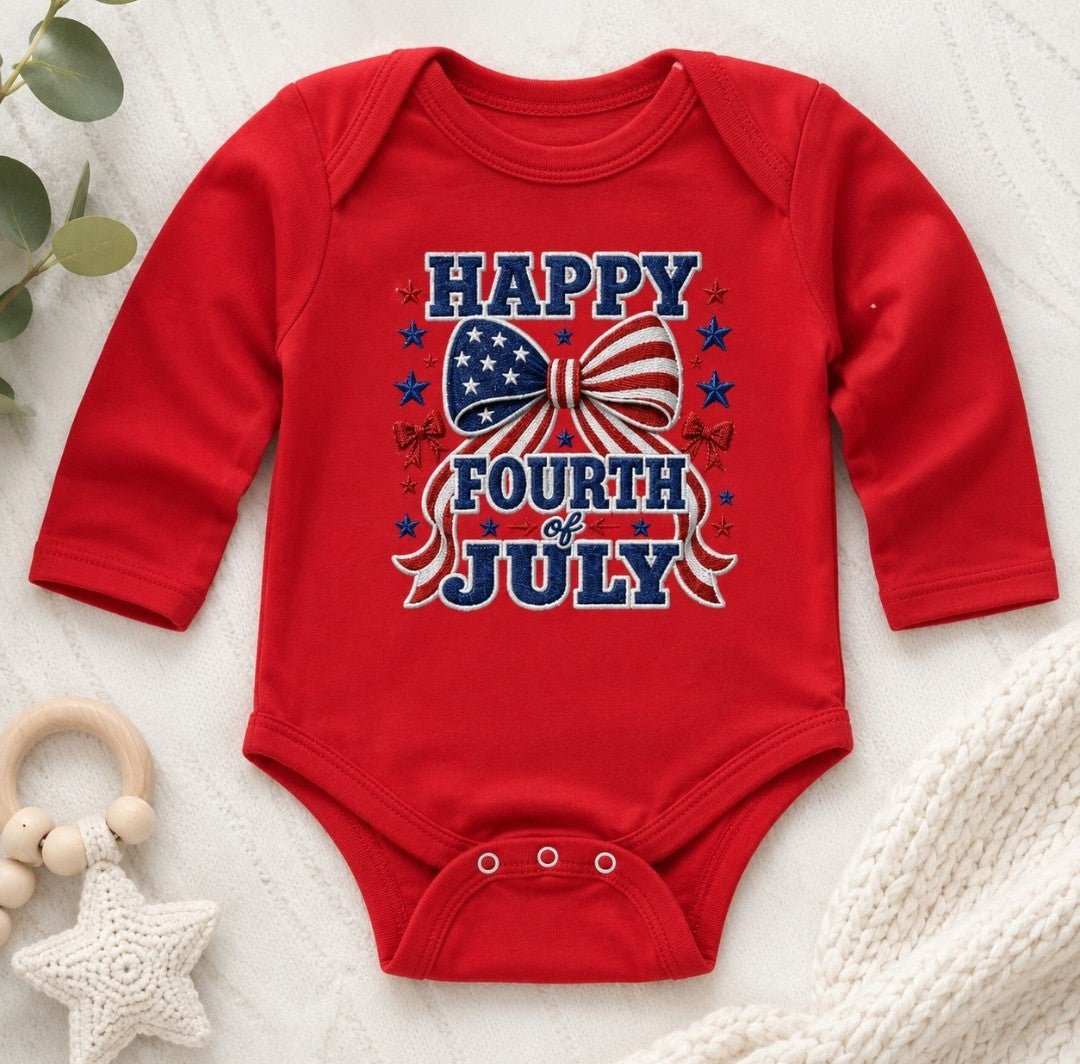 Matching Fourth of July Mom + Baby Set featuring a red baby bodysuit with 'Happy Fourth of July' design.