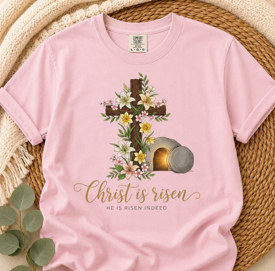 Easter "Christ Is Risen" T-Shirt — Floral Cross & Empty Tomb Christian Tee - faithcovenant