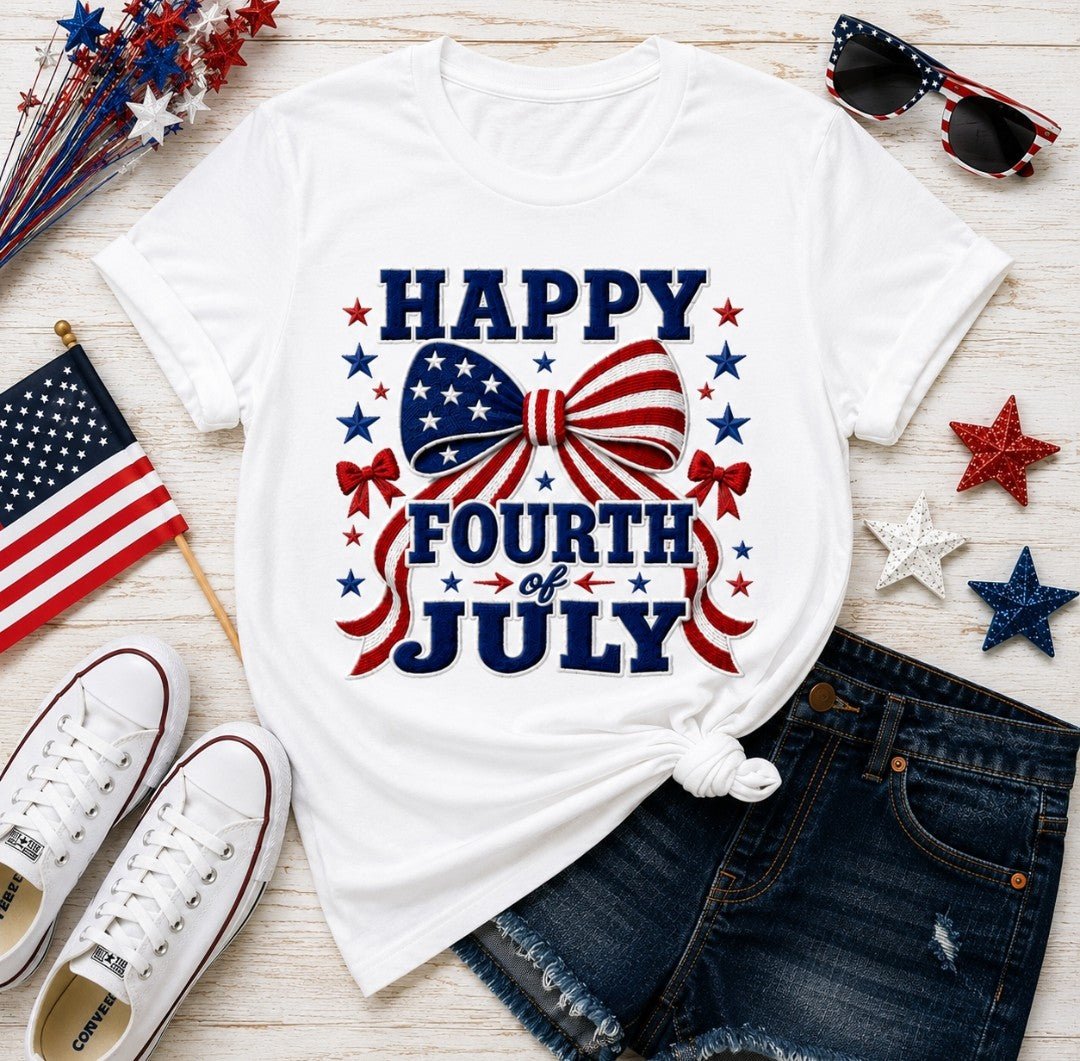 Fourth of July T-Shirt — "Happy Fourth of July" Patriotic USA Bow Tee - faithcovenant