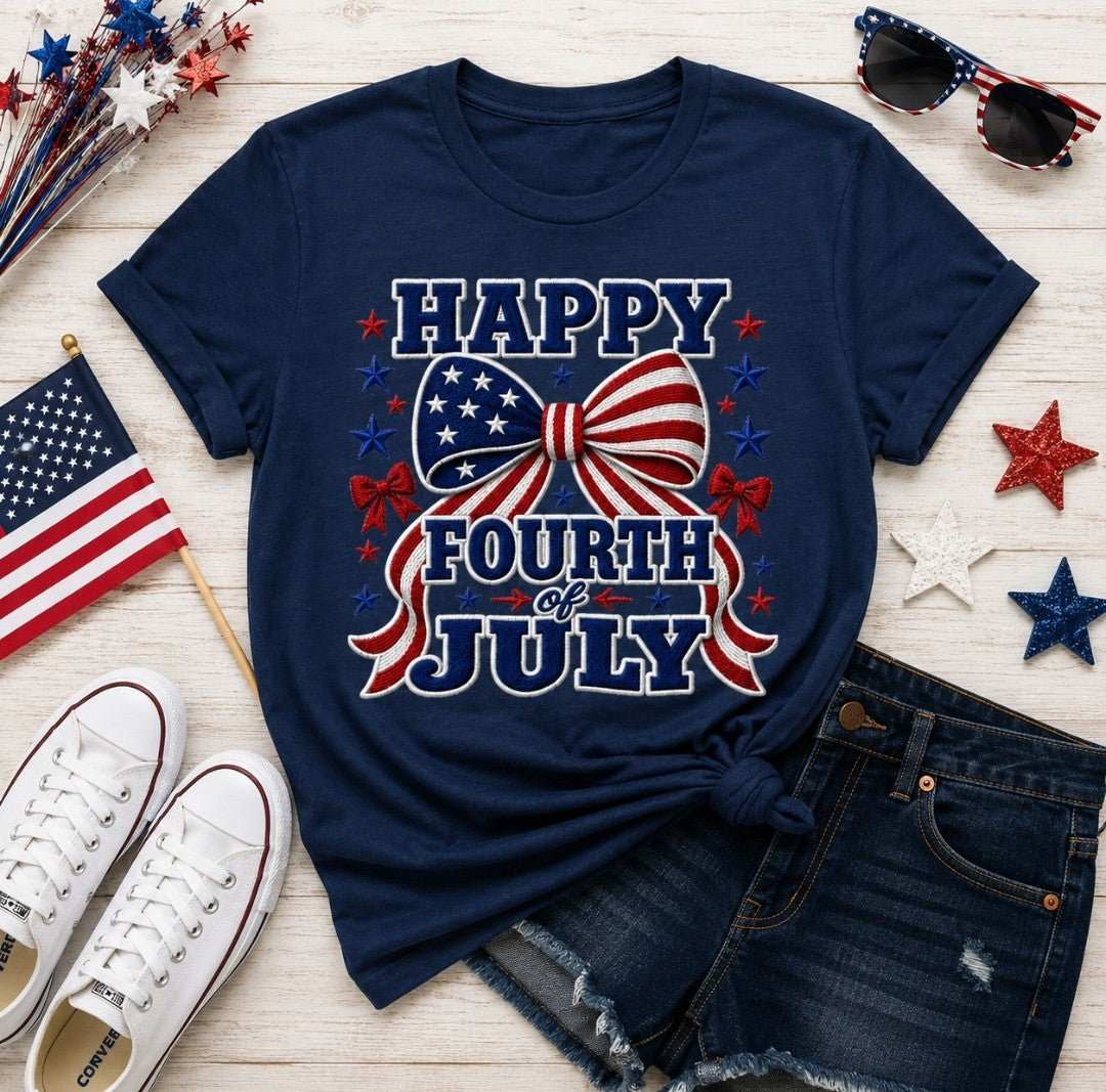 Matching Fourth of July Mom + Baby Set featuring a navy t-shirt with 'Happy Fourth of July' design.