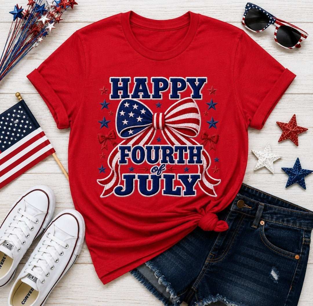 Matching Fourth of July Mom + Baby Set featuring a red shirt with Happy Fourth of July graphic.