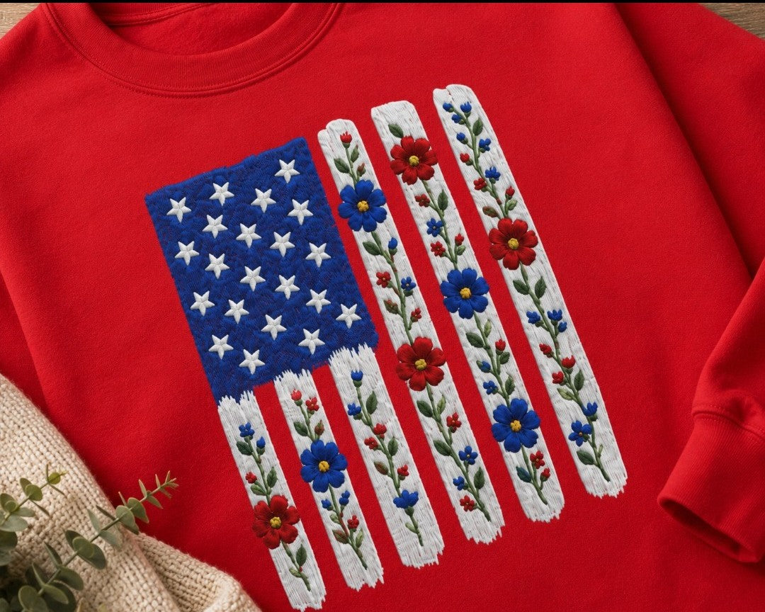 Embroidered American Flag Floral Sweatshirt