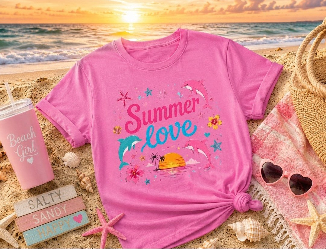 Summer Love T-Shirt — Tropical Dolphins & Sunset Graphic Tee