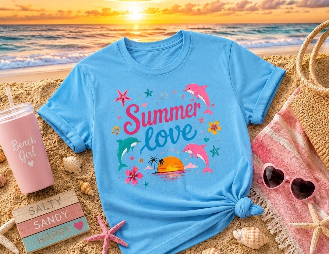 Summer Love T-Shirt — Tropical Dolphins & Sunset Graphic Tee - faithcovenant