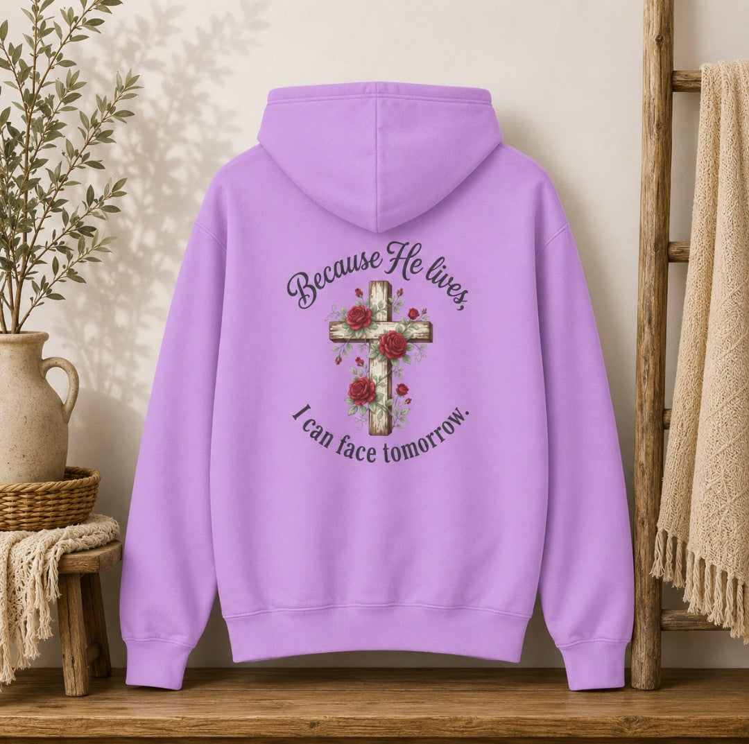 Because He Lives Cross Hoodie — Christian Faith Floral Sweatshirt