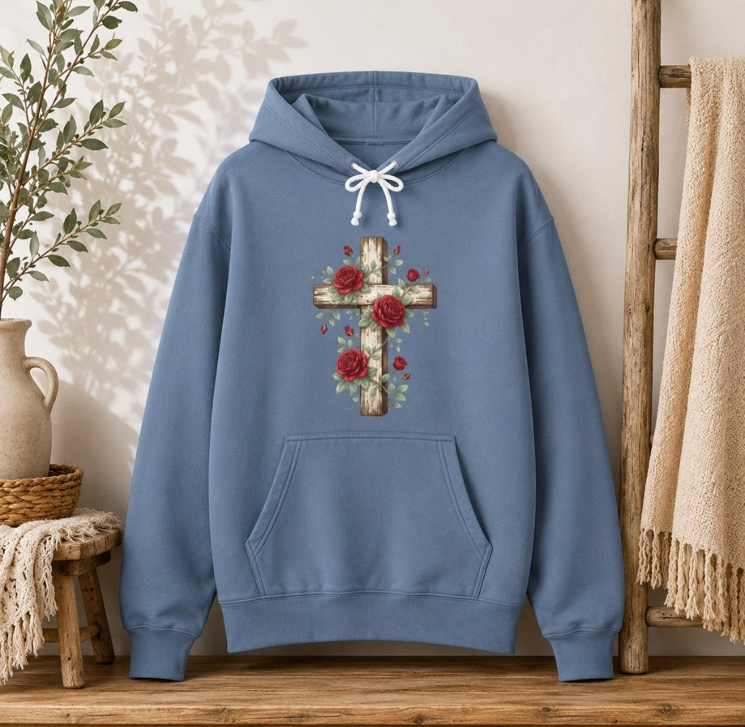 Because He Lives Cross Hoodie — Christian Faith Floral Sweatshirt