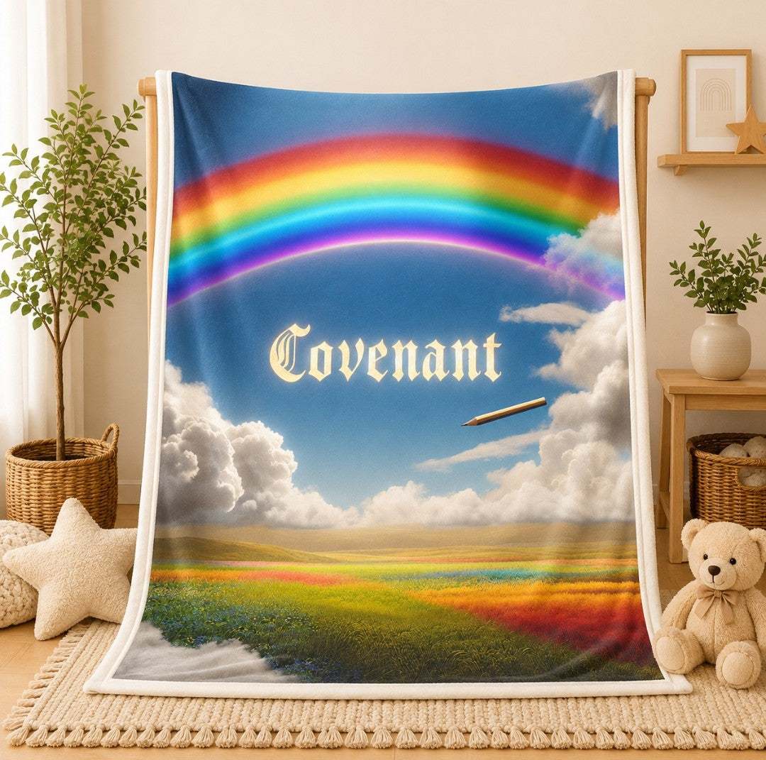 Covenant Matching Blanket with a rainbow and blue sky background for a cozy infant setting.