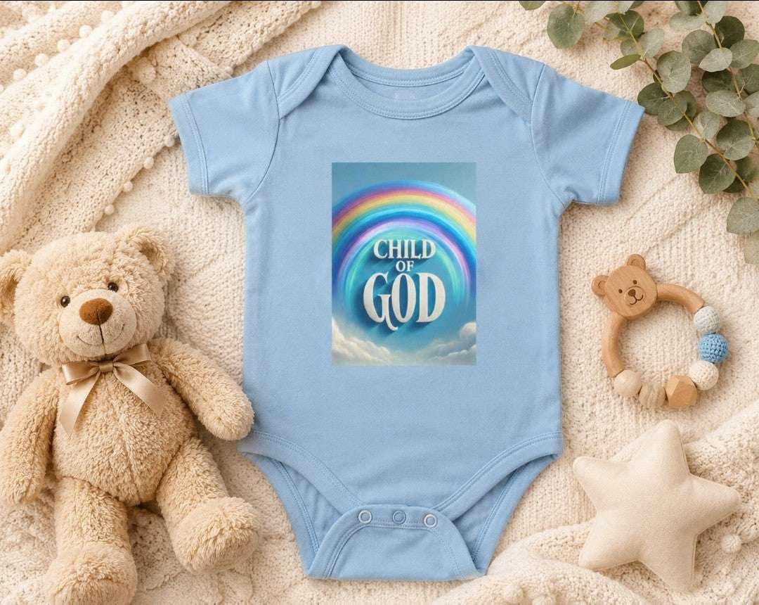 Infant bodysuit with Rainbow Child of God print, cute Christian baby outfit