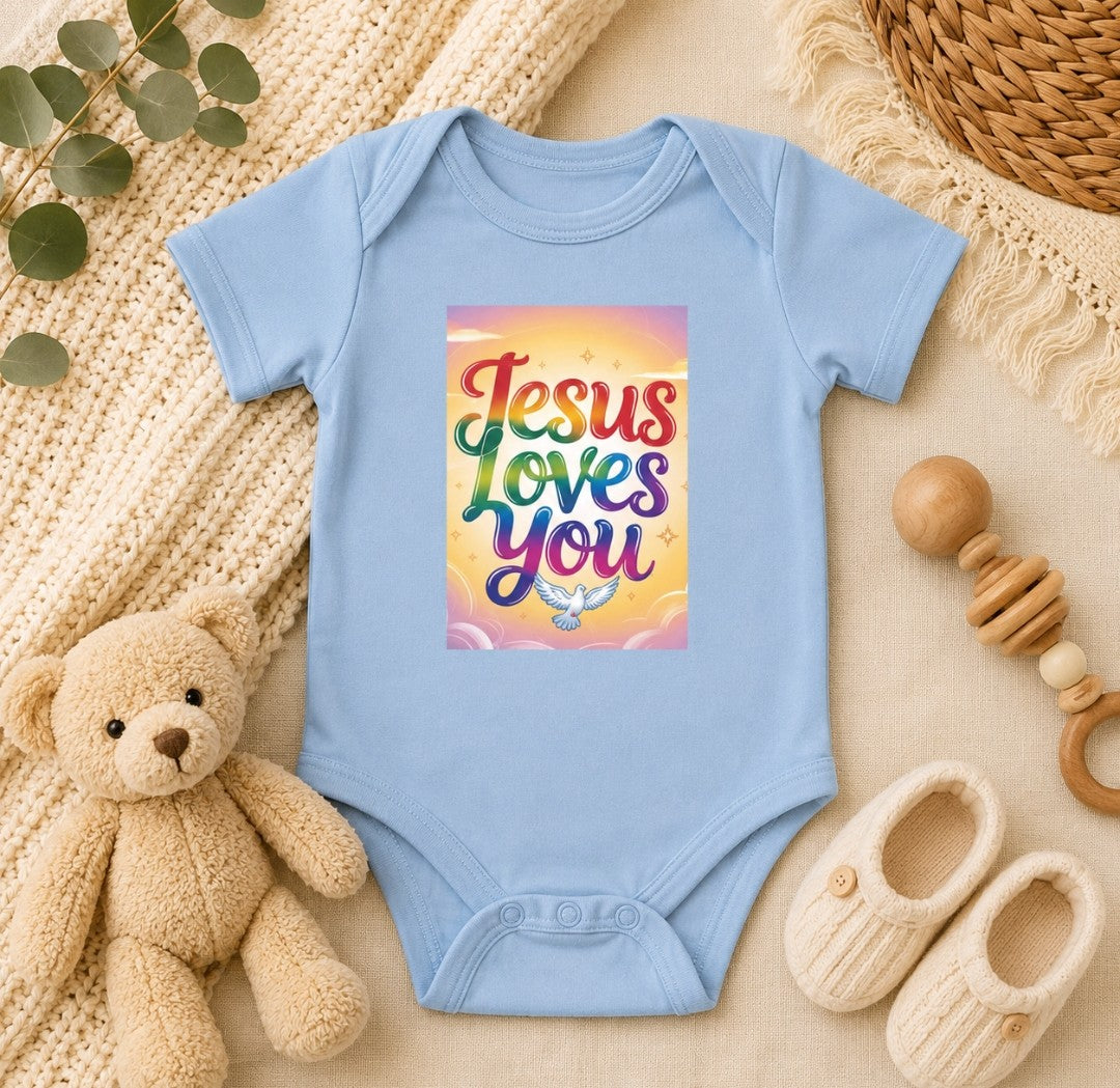 Jesus Loves You Infant bodysuit baby onesie with faith design and soft cotton fabric