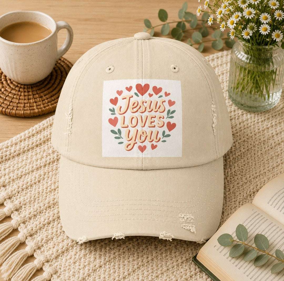 Vintage Jesus Loves You distressed cap in 100% cotton twill with curved visor and faith-inspired design