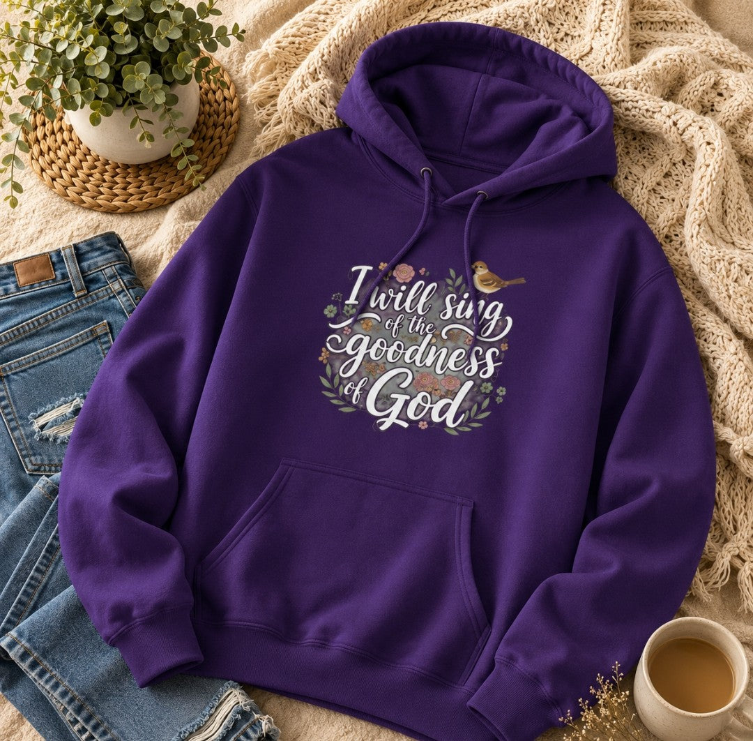 Goodness of God midweight fleece hoodie with faith-inspired design and front pouch pocket