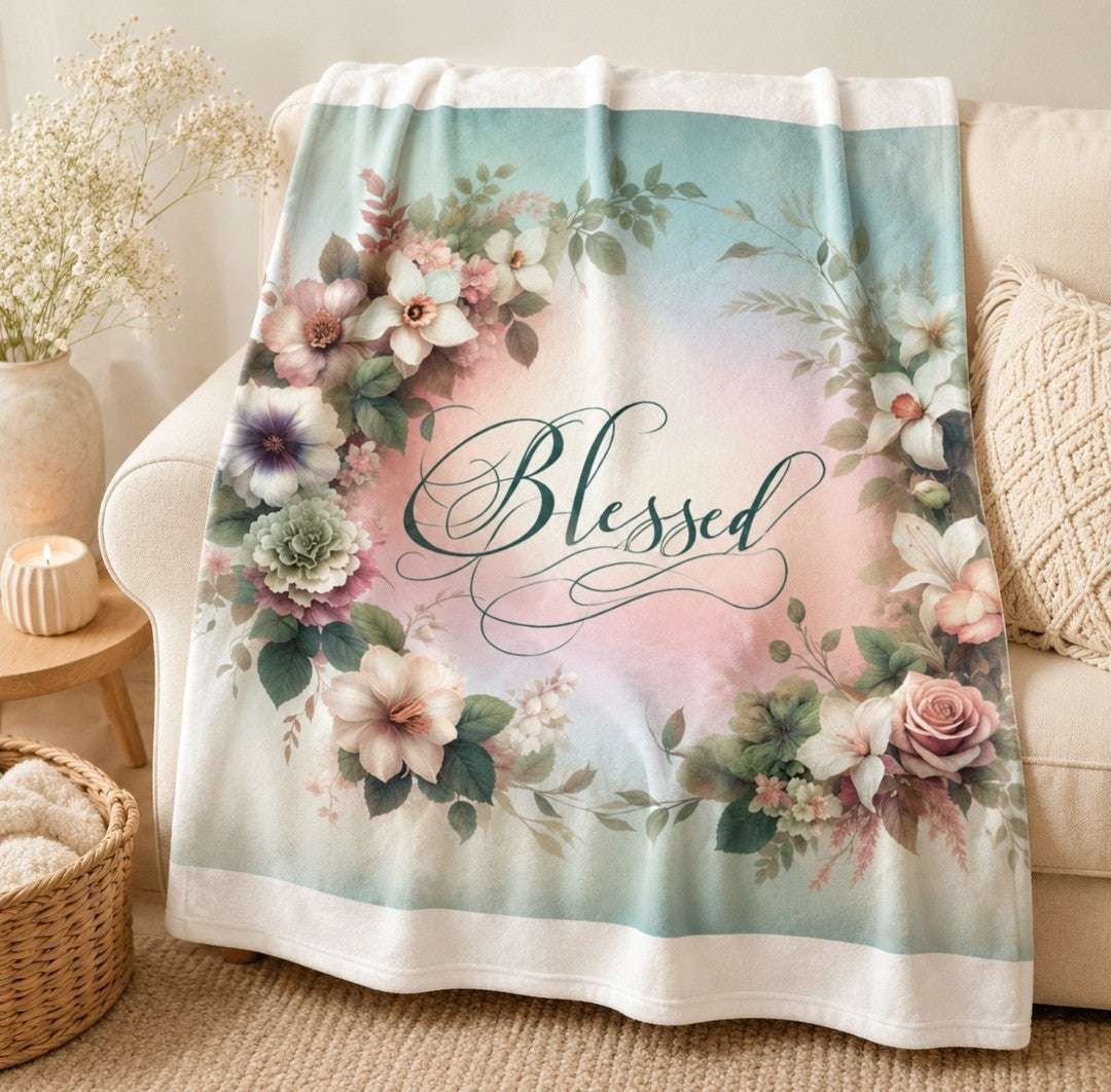 Blessed Plush Blanket, Floral Decor, Velveteen Plush - faithcovenant
