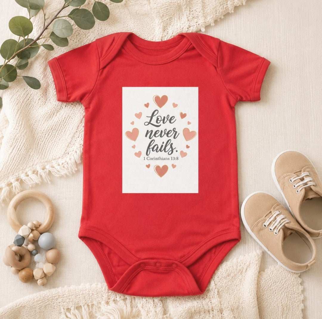 Love Never Fails Infant Bodysuit — Baby Onesie with Inspirational Christian Message - faithcovenant