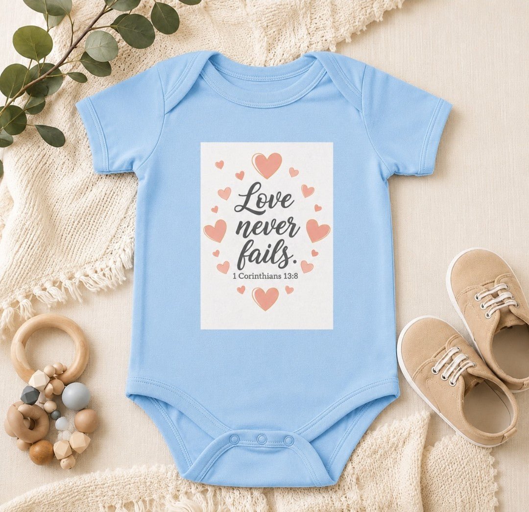 Love Never Fails Infant Bodysuit — Baby Onesie with Inspirational Christian Message - faithcovenant