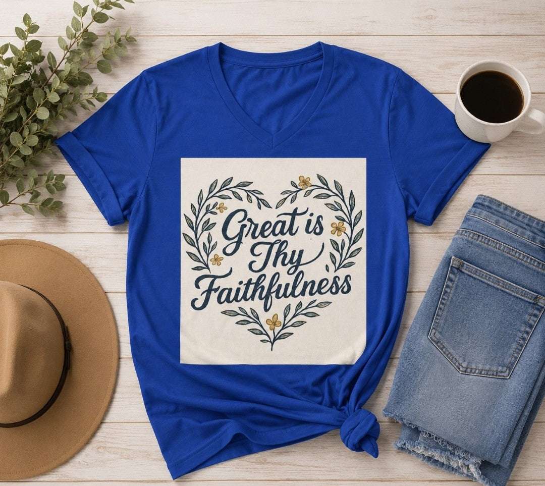 Faithfulness V-Neck Tee, Biblical Quote, Christian Apparel - faithcovenant