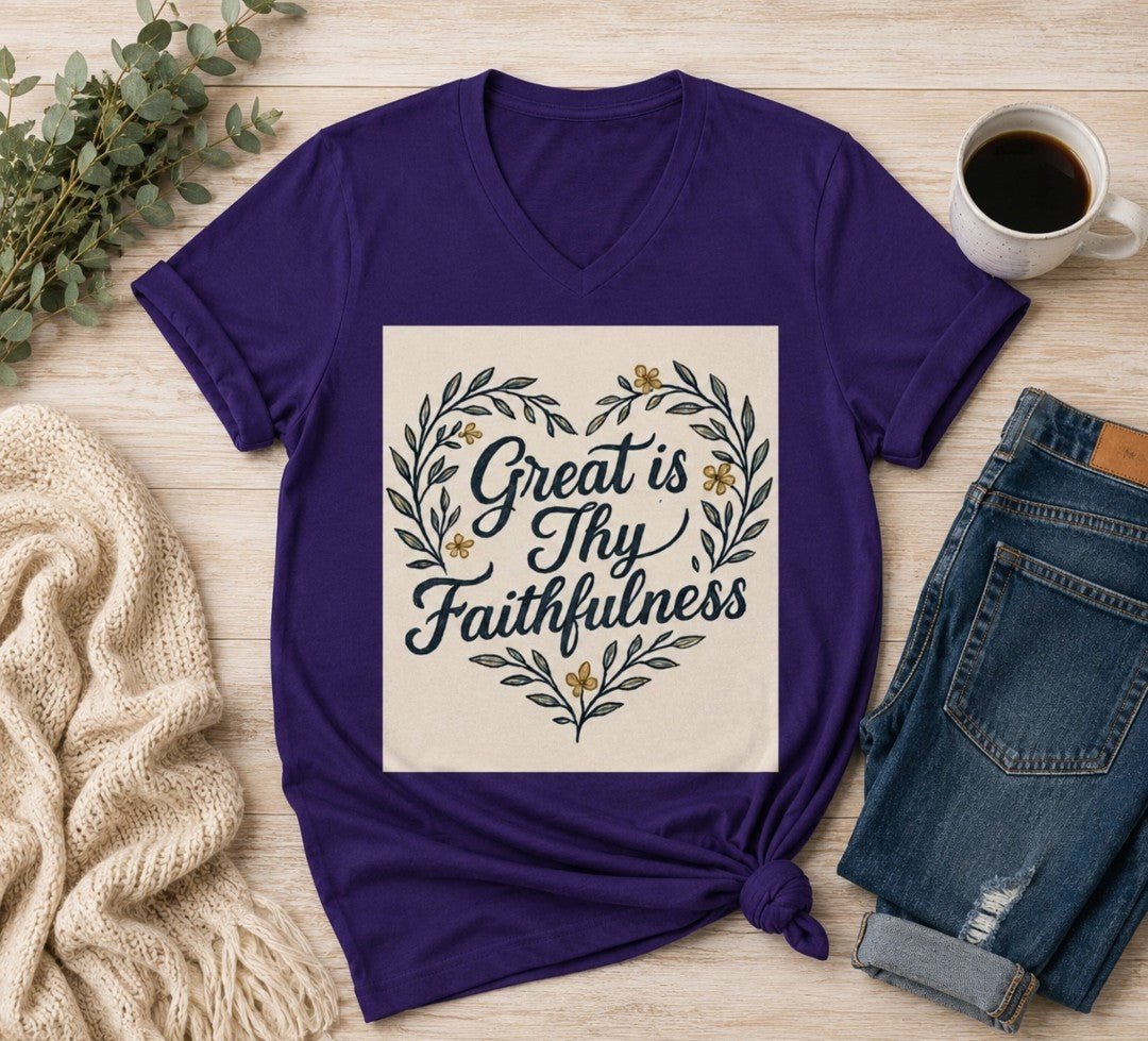 Faithfulness V-Neck Tee, Biblical Quote, Christian Apparel - faithcovenant