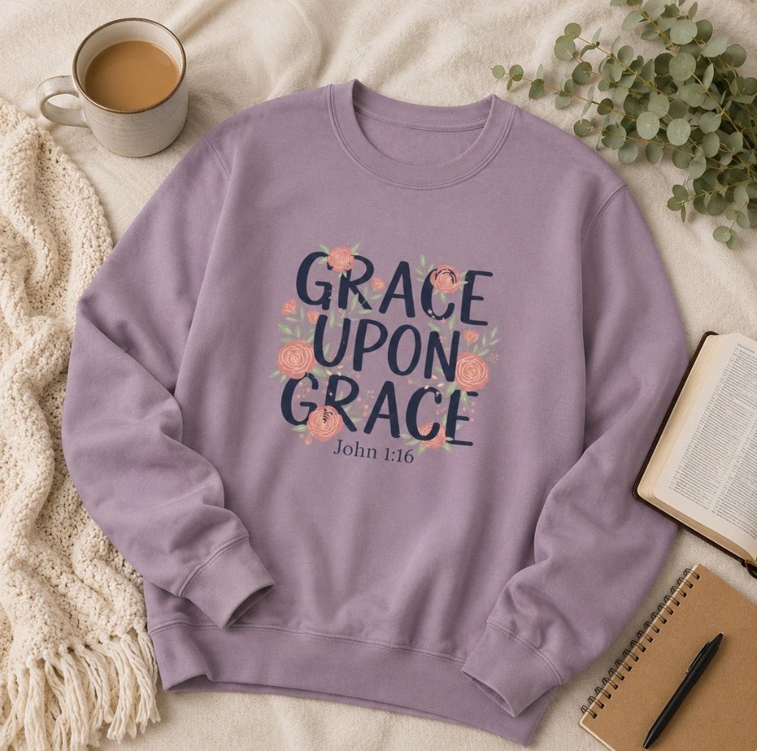 Grace Upon Grace women's floral crewneck sweatshirt with hand-drawn blooms and relaxed fit