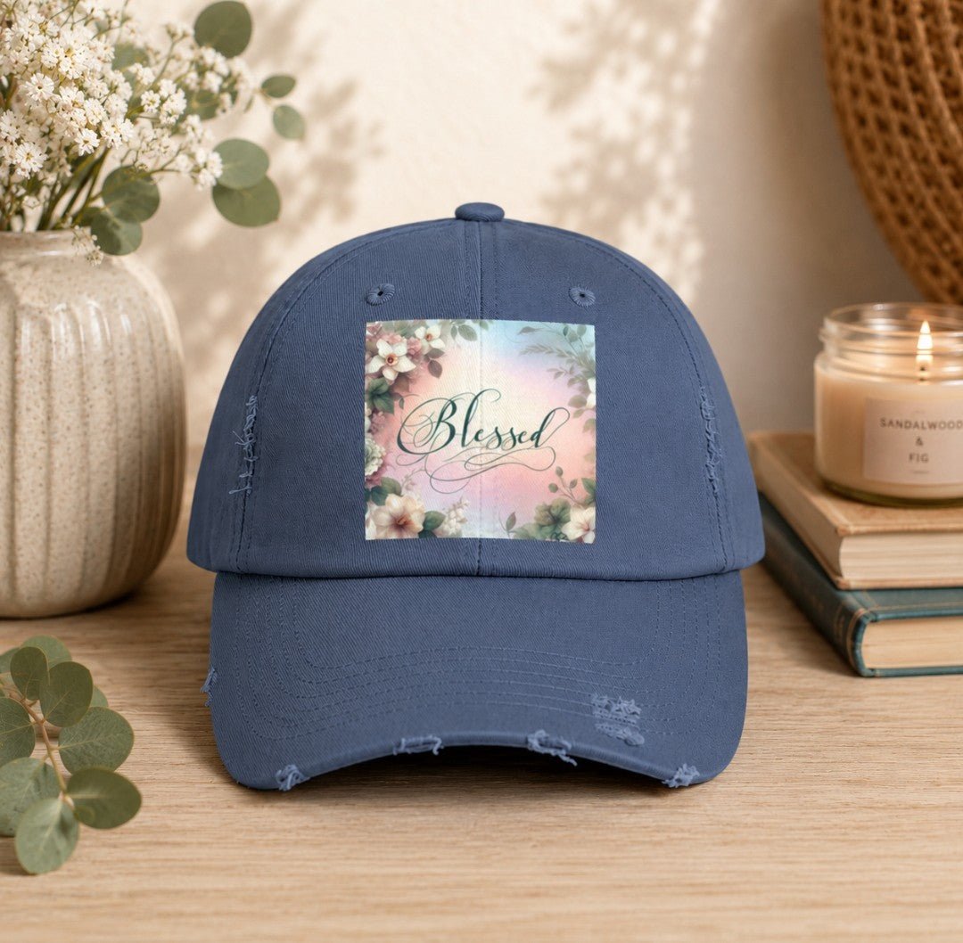 Blessed Distressed Cap, Floral Cap, Casual Wear - faithcovenant
