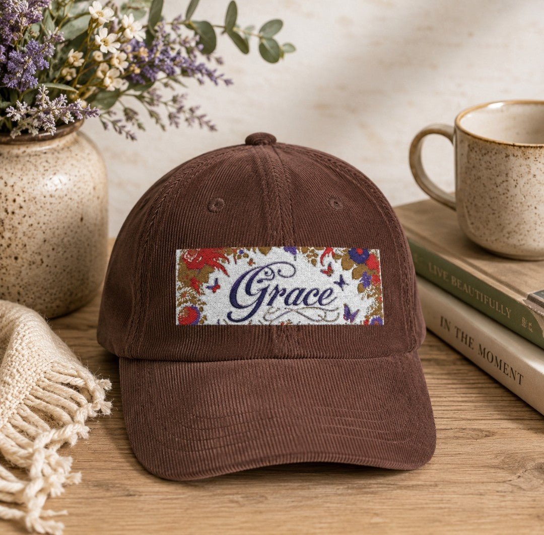 Grace Embroidered Corduroy Cap, Vintage Hat, Fashion Accessory - faithcovenant