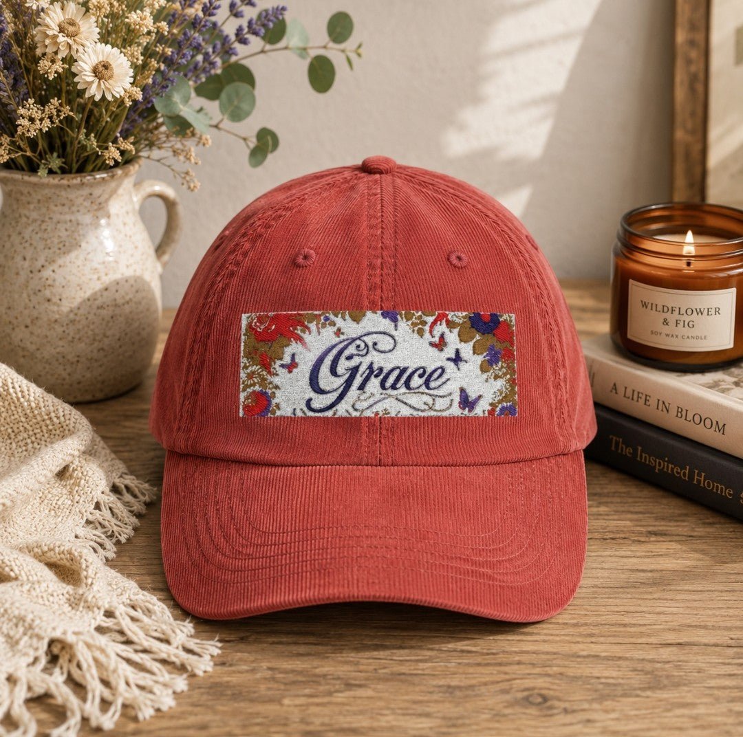 Grace Embroidered Corduroy Cap, Vintage Hat, Fashion Accessory - faithcovenant