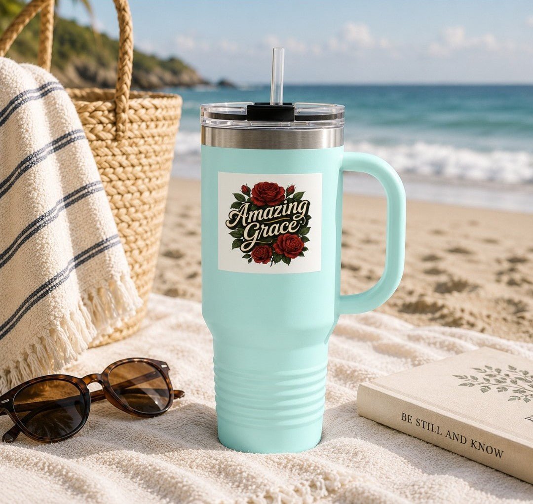 Floral Insulated Travel Mug 40 oz - Amazing Grace Design, Gift for Her - faithcovenant