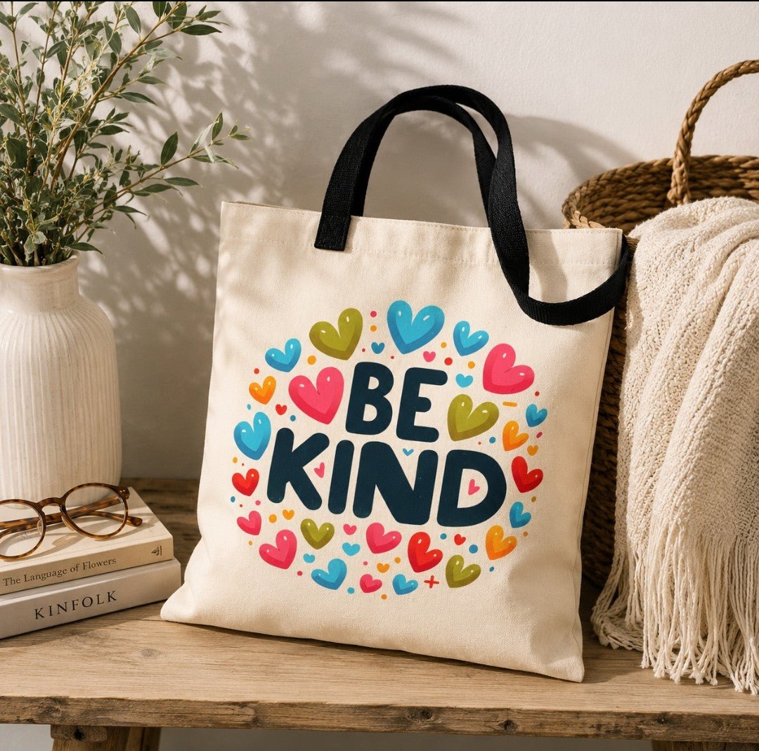 "Be Kind" Tote Bag - Colorful Heart Design, Motivational Accessory - faithcovenant