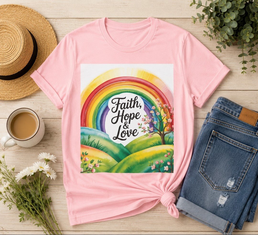 Faith, Hope & Love, Rainbow Graphic Tee, Faith Shirt - faithcovenant