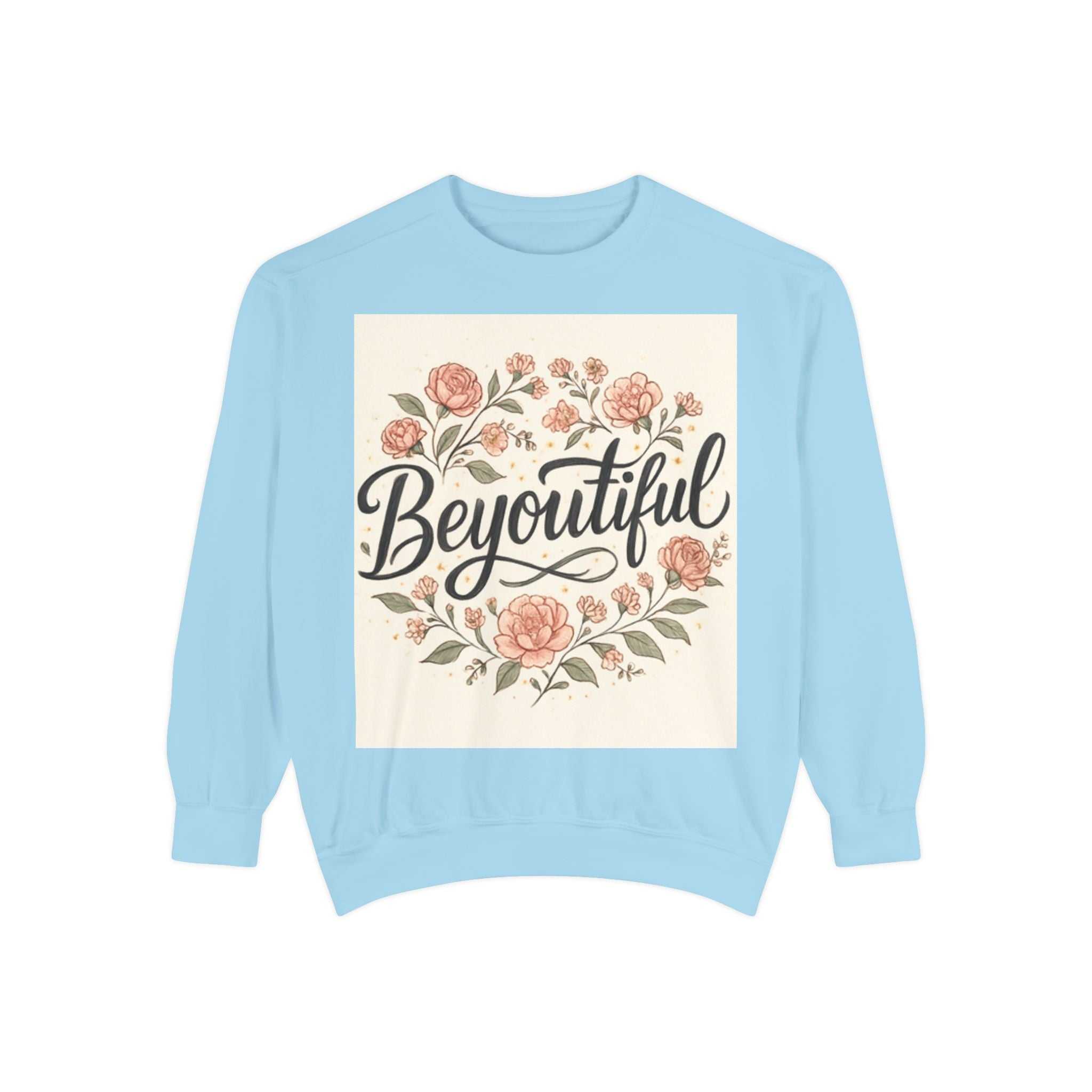 Cozy christian sweatshirt with Beyoutiful floral design and ribbed collar, cuffs, and hem