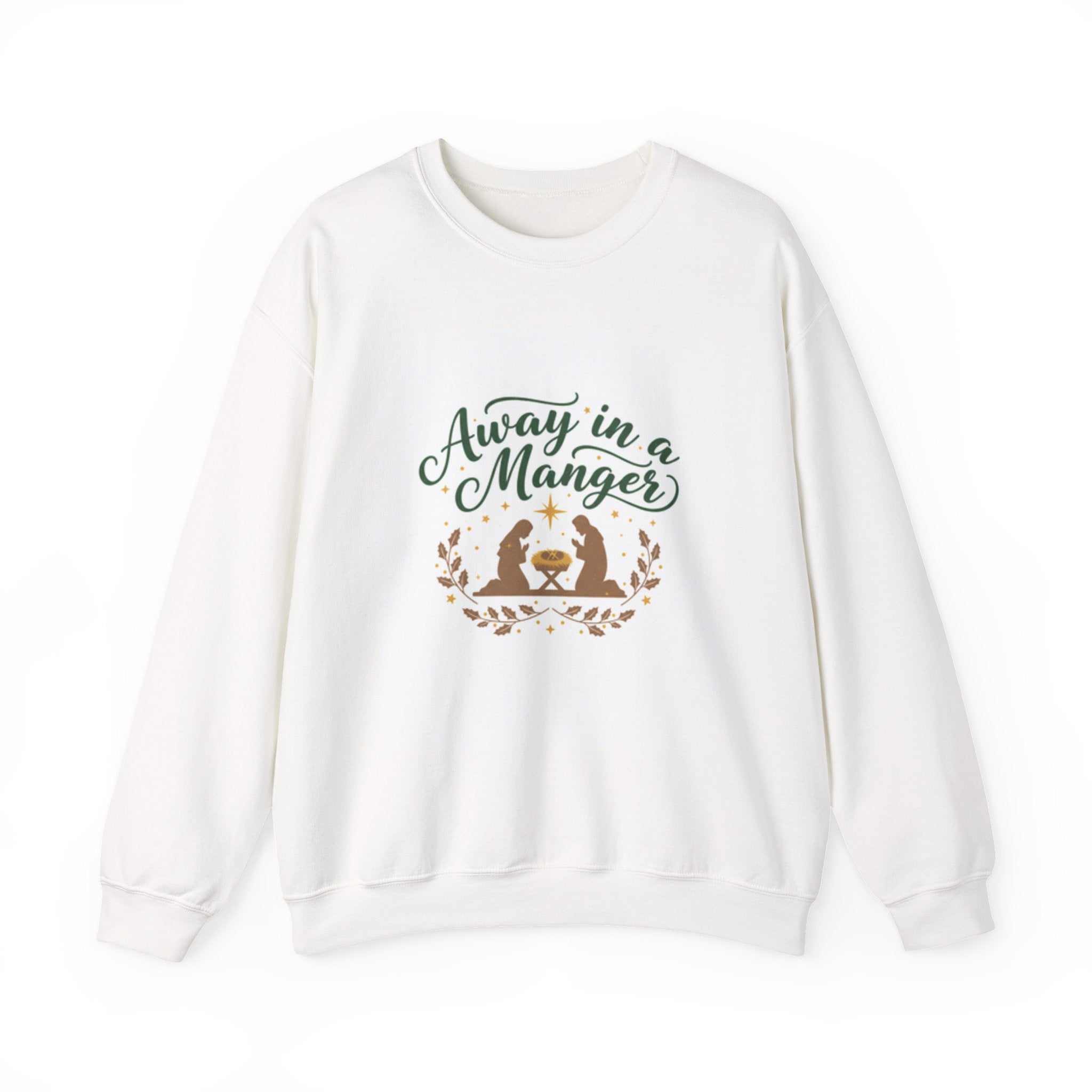 Christian sweatshirt with "Away in a Manger" nativity crewneck design on white fabric